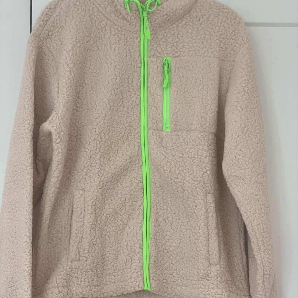 Pink Victoria Secret Beige Sherpa Jacket   hoodie with Neon Green Accents